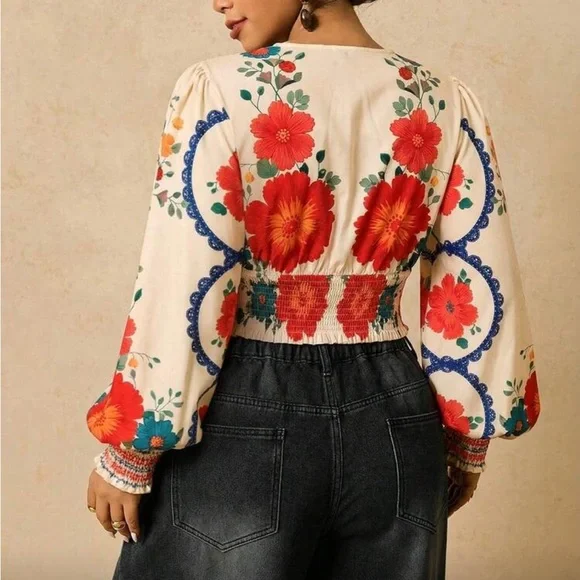 Plus Size Romantic Bohemian Floral Print Long Sleeve Tie Front Blouse Shirt - Picture 9 of 14